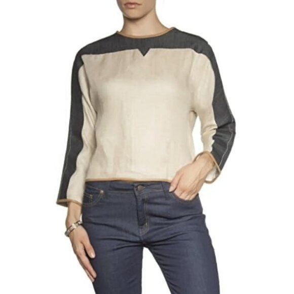 Dina Agam Anthropologie Linen Denim Lambskin Leather Crew Neck Long Sleeve Top M - Picture 12 of 12
